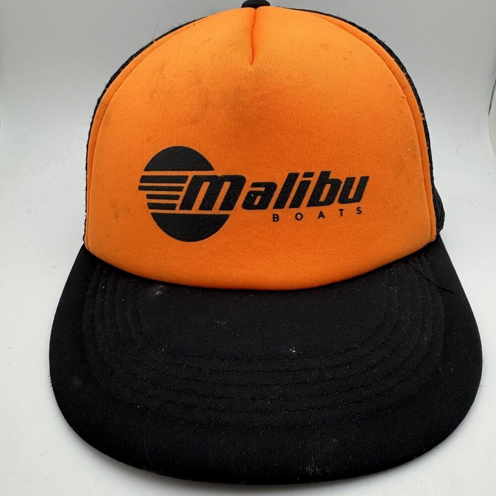 Vintage Malibu Boats Orange Black Trucker Hat Snapback Mesh Back HitWear